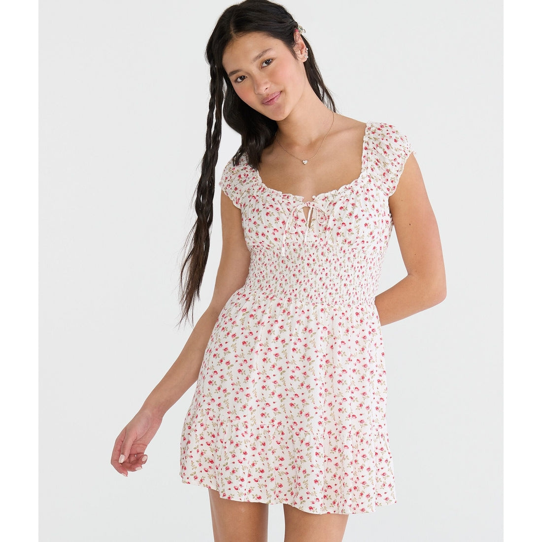 Floral Square-Neck Smocked Fit & Flare Mini Dress