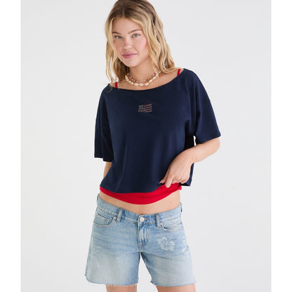 Seriously Soft American Flag Off-The-Shoulder Boyfriend Graphic Tee
