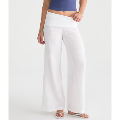 Low-Rise Gauze Fold-Over Wide Leg Pants