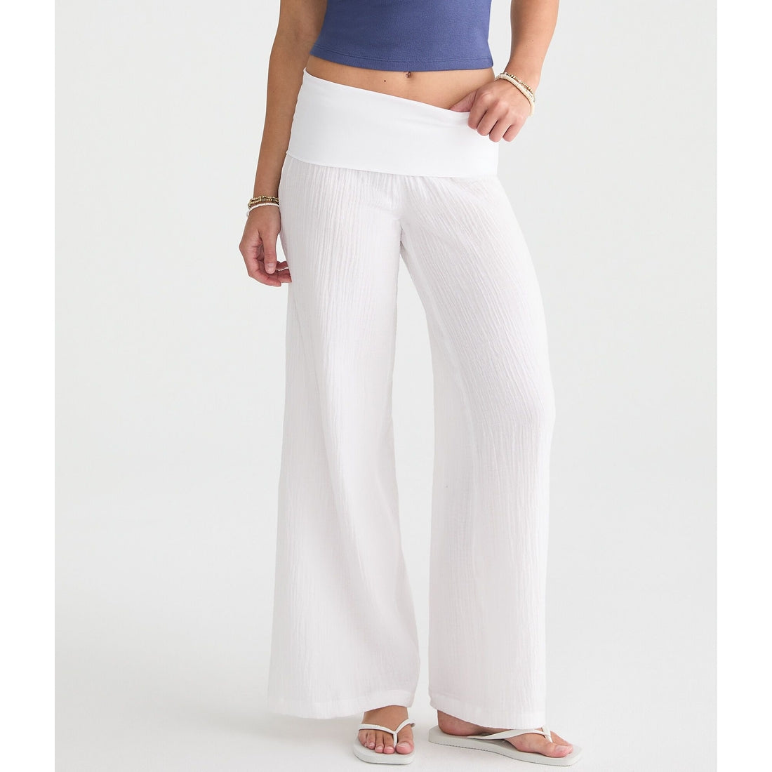 Low-Rise Gauze Fold-Over Wide Leg Pants