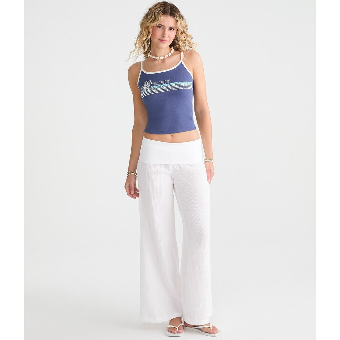 Low-Rise Gauze Fold-Over Wide Leg Pants
