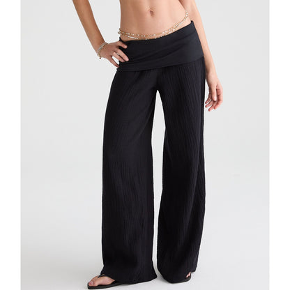 Low-Rise Gauze Fold-Over Wide Leg Pants