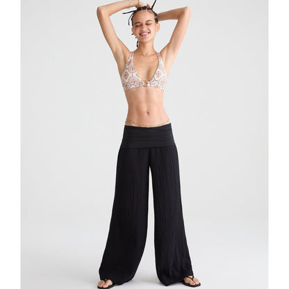 Low-Rise Gauze Fold-Over Wide Leg Pants