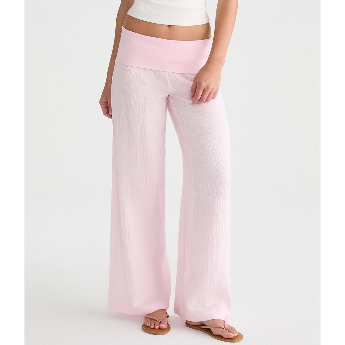 Low-Rise Gauze Fold-Over Wide Leg Pants
