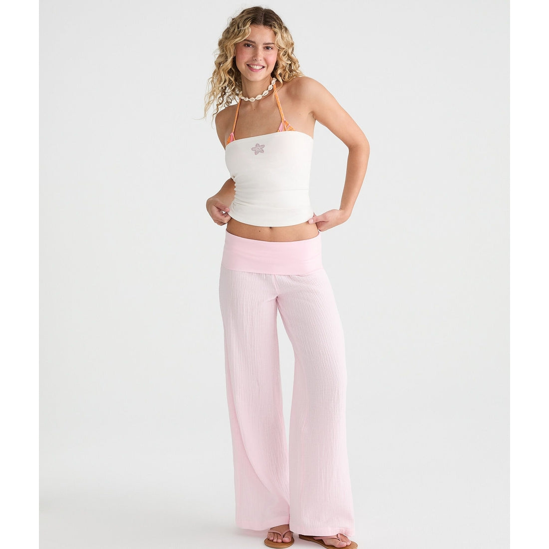 Low-Rise Gauze Fold-Over Wide Leg Pants