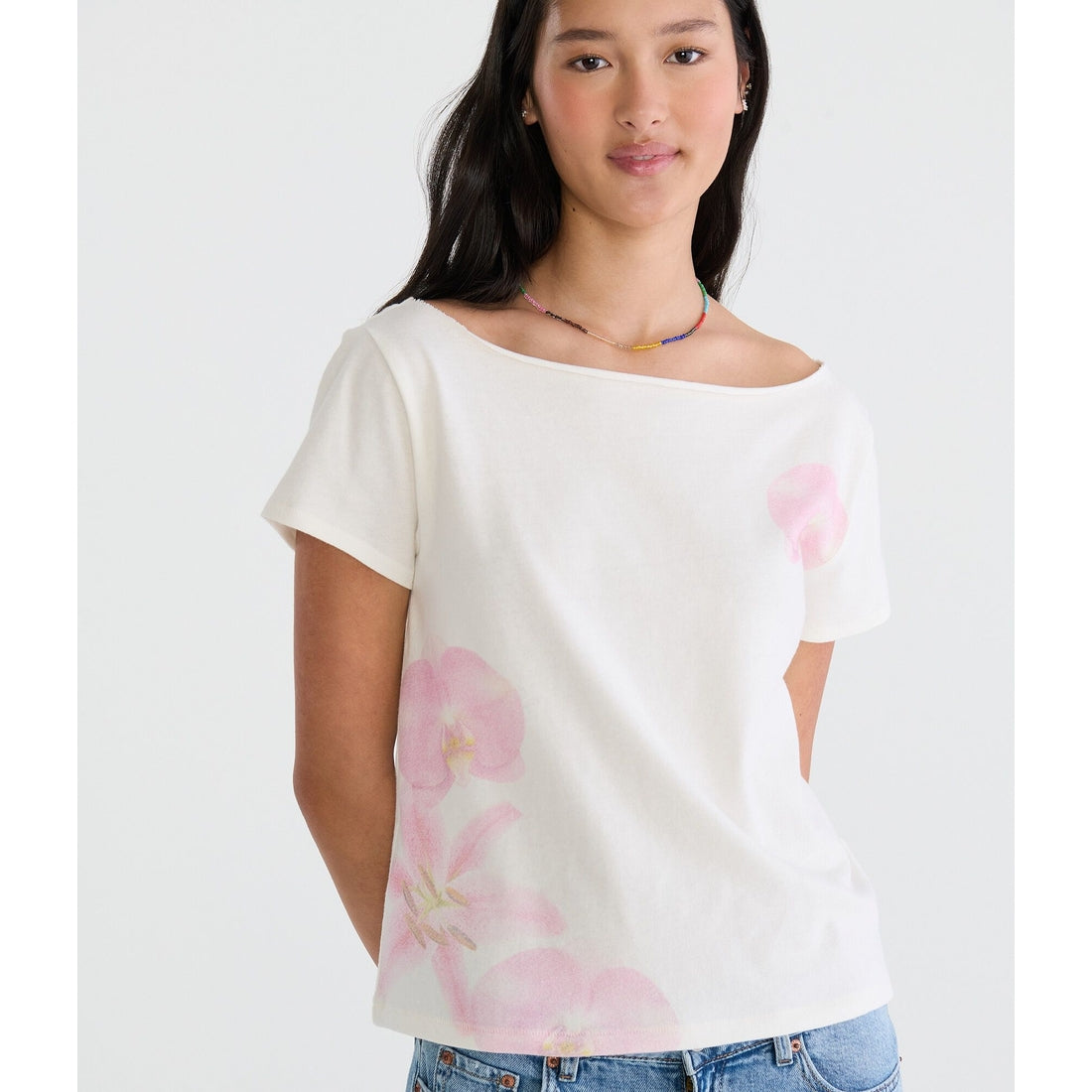 Seriously Soft Faded Flowers Off-The-Shoulder Vintage Fit Tee