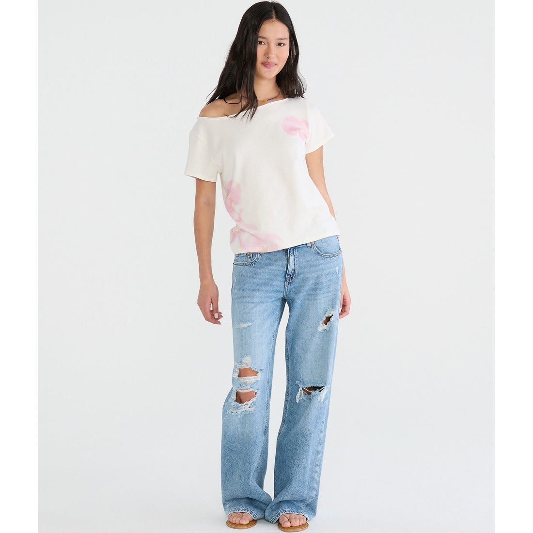 Seriously Soft Faded Flowers Off-The-Shoulder Vintage Fit Tee