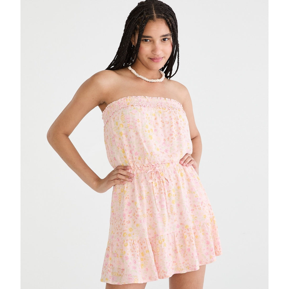 Floral Strapless Cinched-Waist Mini Dress