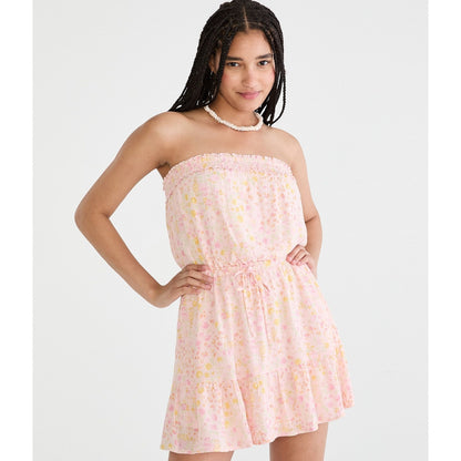 Floral Strapless Cinched-Waist Mini Dress