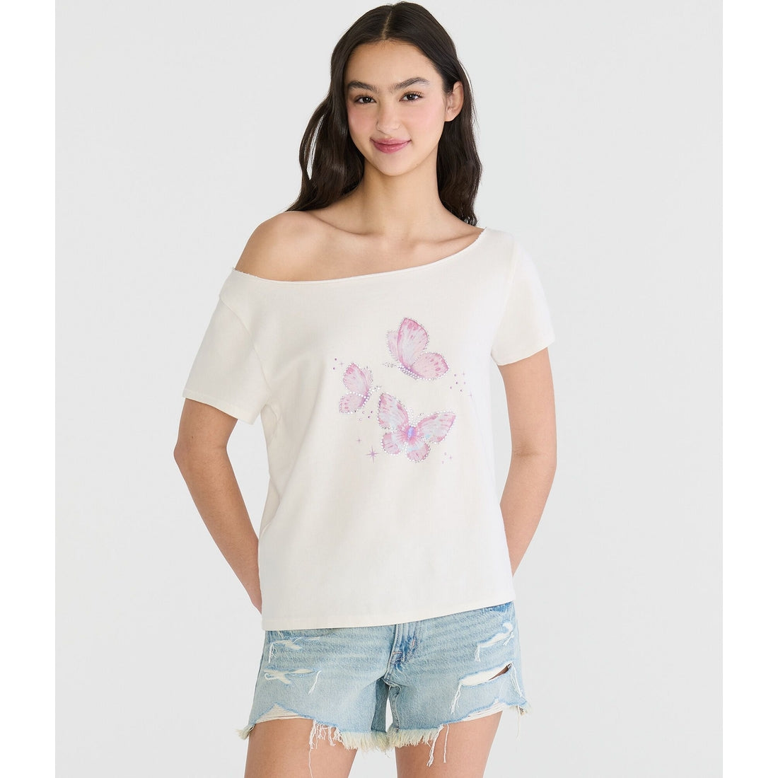 Seriously Soft Rhinestone Butterfly Off-The-Shoulder Vintage Fit Tee