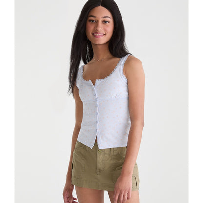 Seriously Soft Floral Lace-Trim Buttoned Tank Top