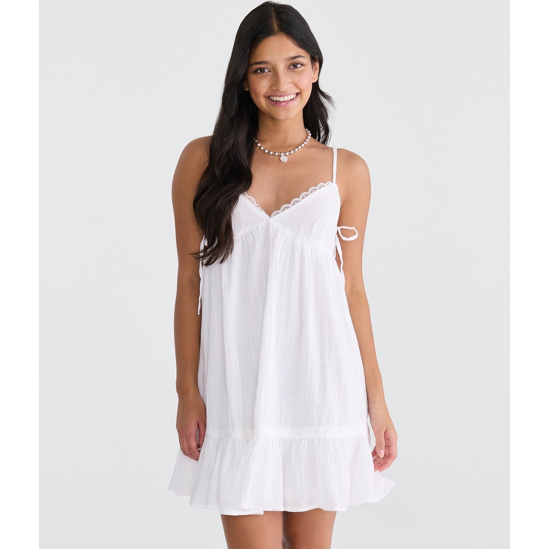 Solid V-Neck Lace-Trim Babydoll Mini Dress