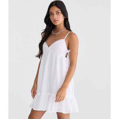 Solid V-Neck Lace-Trim Babydoll Mini Dress