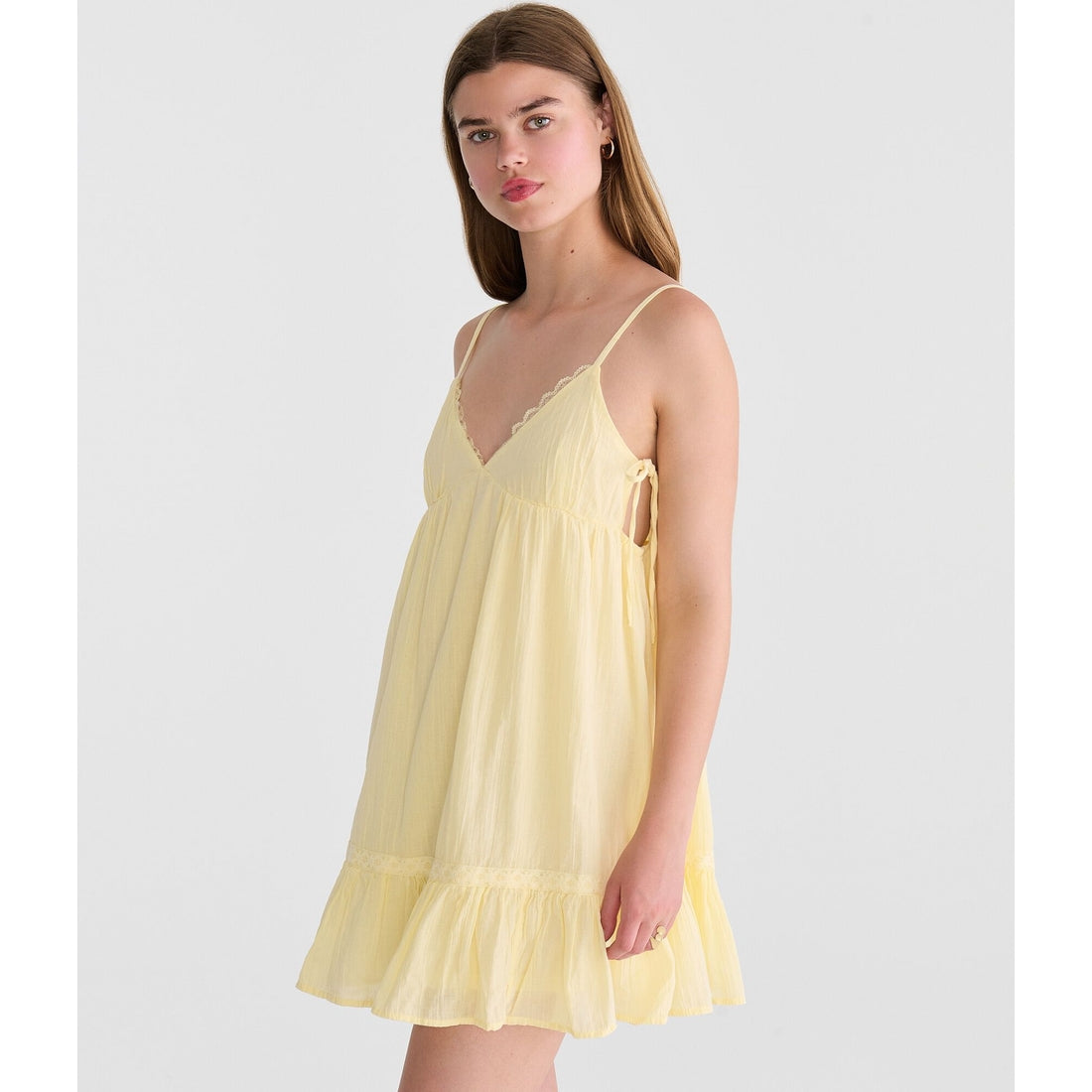 Solid V-Neck Lace-Trim Babydoll Mini Dress