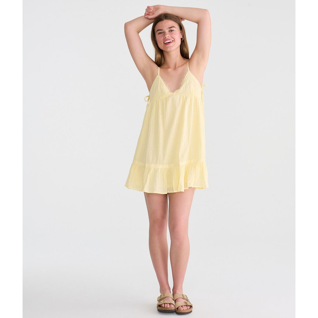 Solid V-Neck Lace-Trim Babydoll Mini Dress