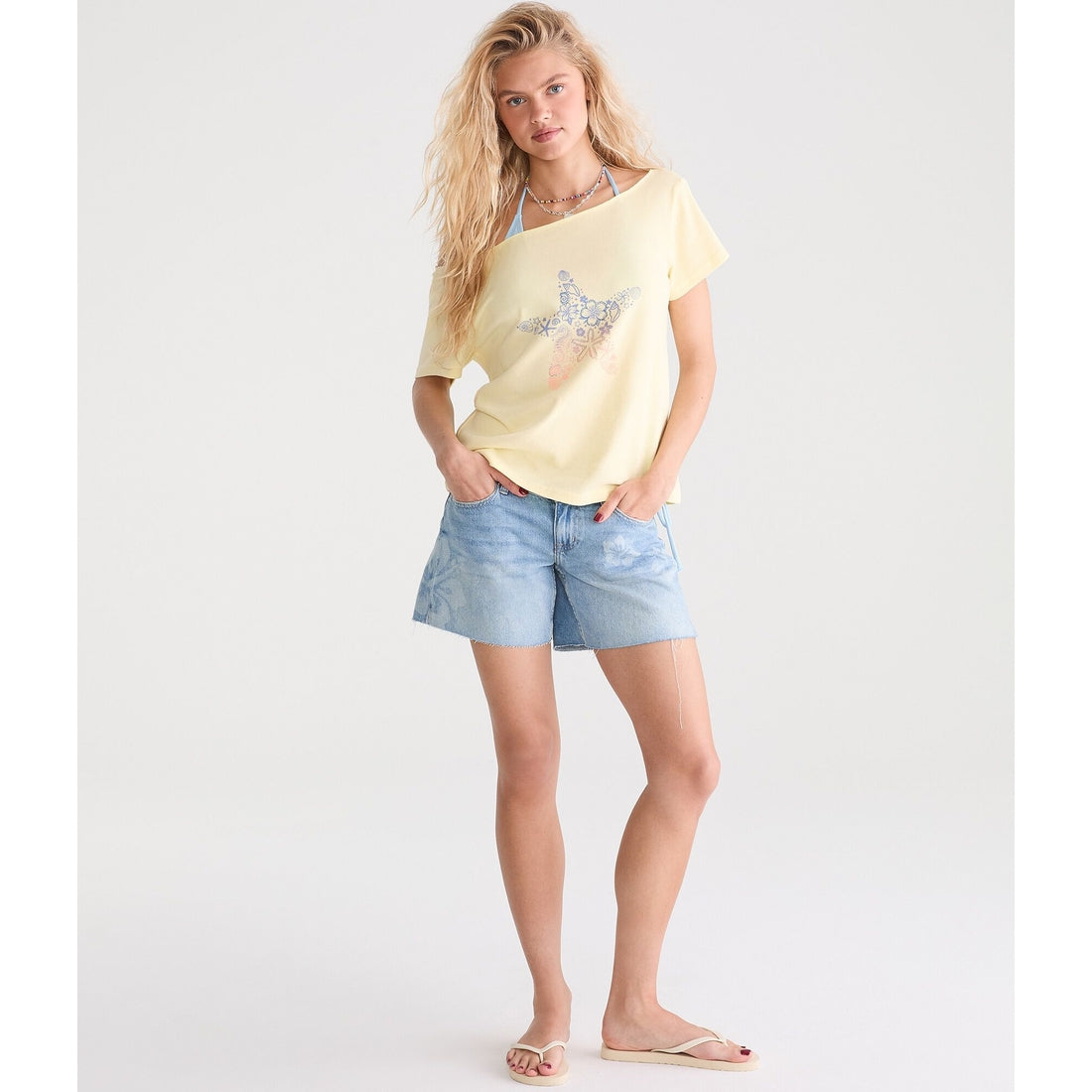 Seriously Soft Rhinestone Starfish Off-The-Shoulder Vintage Fit Tee