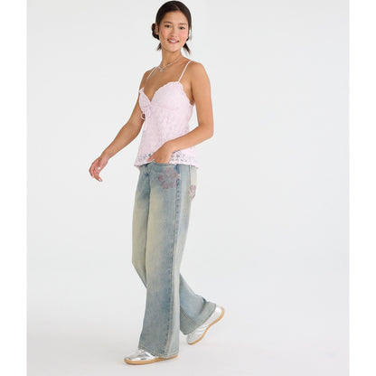 Low-Rise Baggy Wide Leg Rhinestone Flower Jean