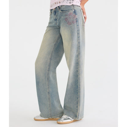 Low-Rise Baggy Wide Leg Rhinestone Flower Jean