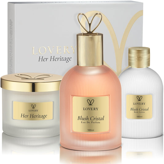 Lovery Blush Cristal Gift Set – Perfume, Lotion & Candle in Blush & Gold Elegance