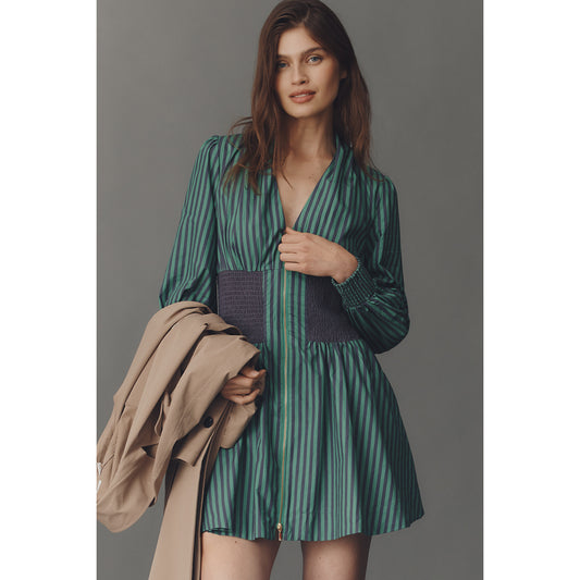 The Tommie Long-Sleeve Smocked Front-Zip Mini Shirt Dress by Anthropologie