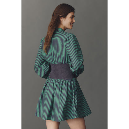 The Tommie Long-Sleeve Smocked Front-Zip Mini Shirt Dress by Anthropologie