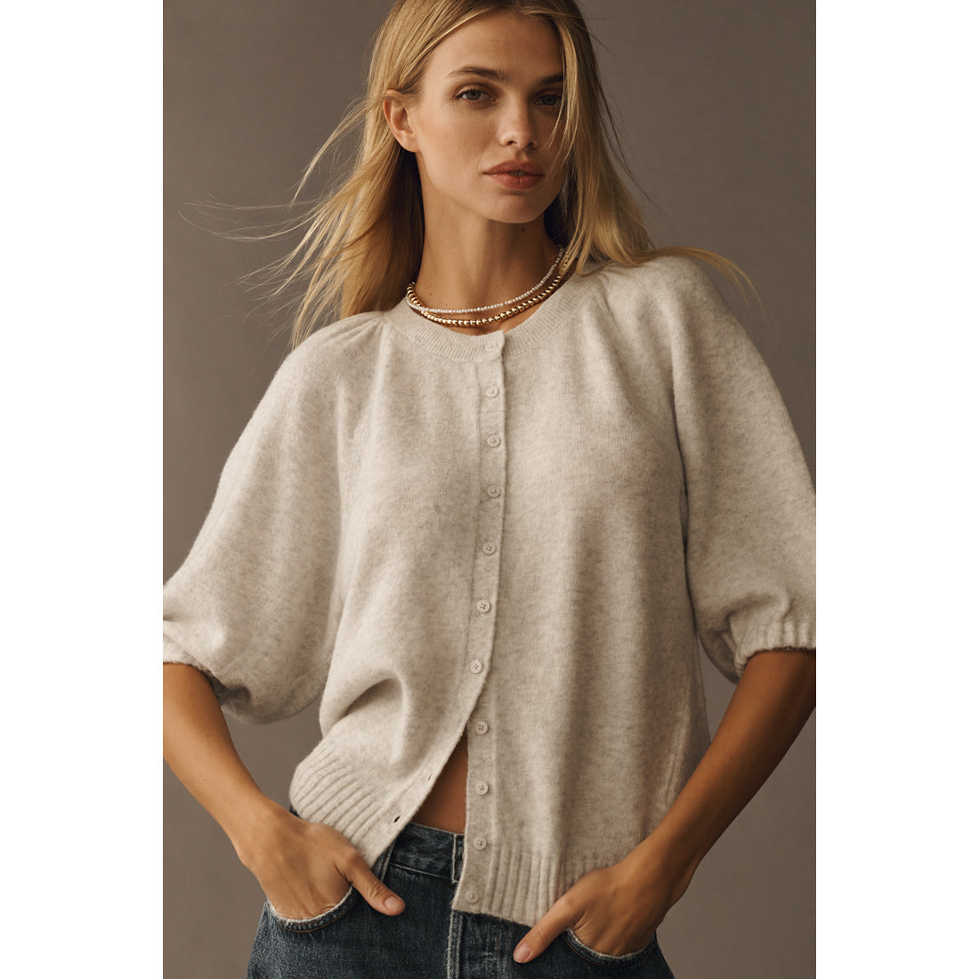 Puff-Sleeve Cardigan Sweater by Anthropologie