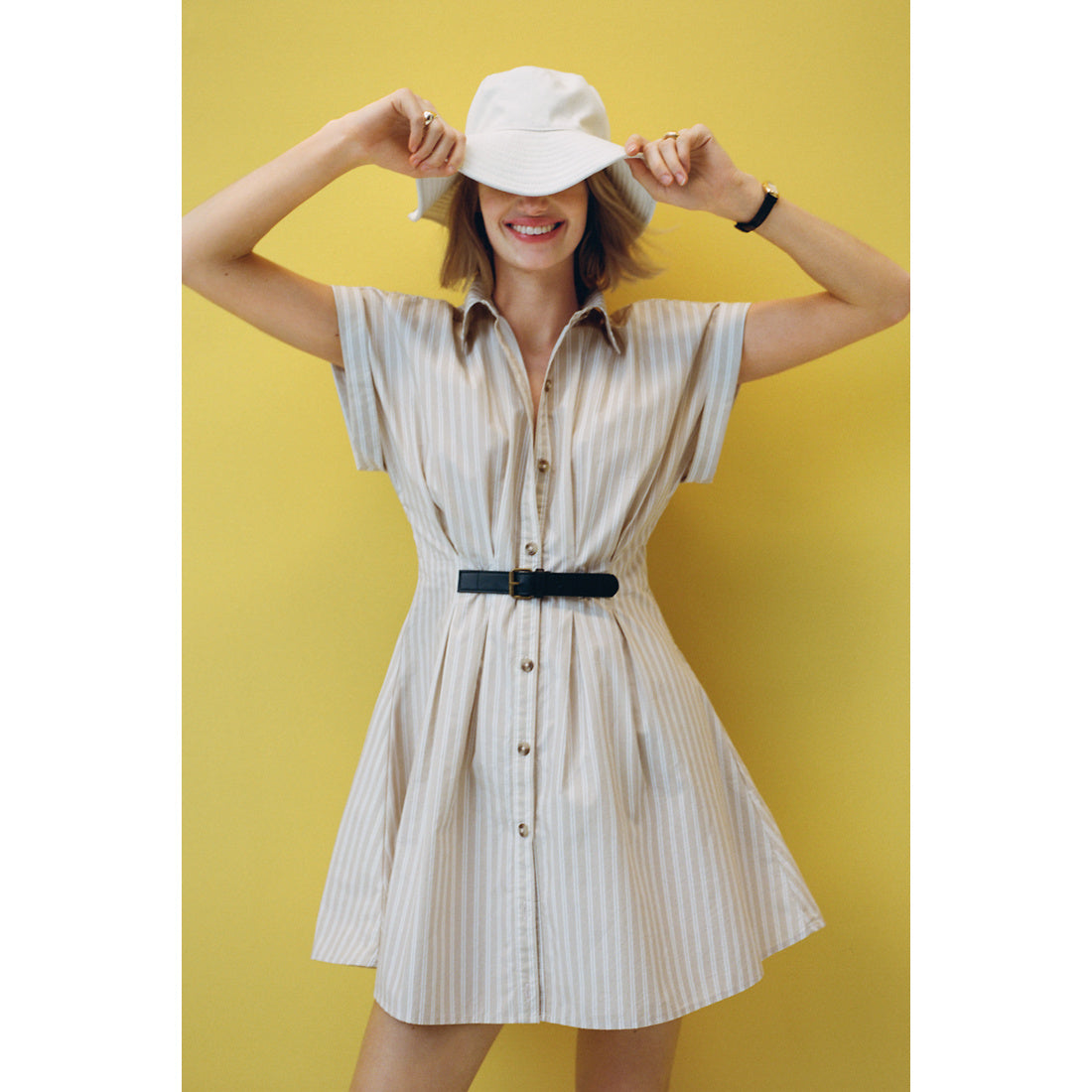 Faye Short-Sleeve Belted Shirt Dress by Anthropologie, Women's, Size: XS, Cotton