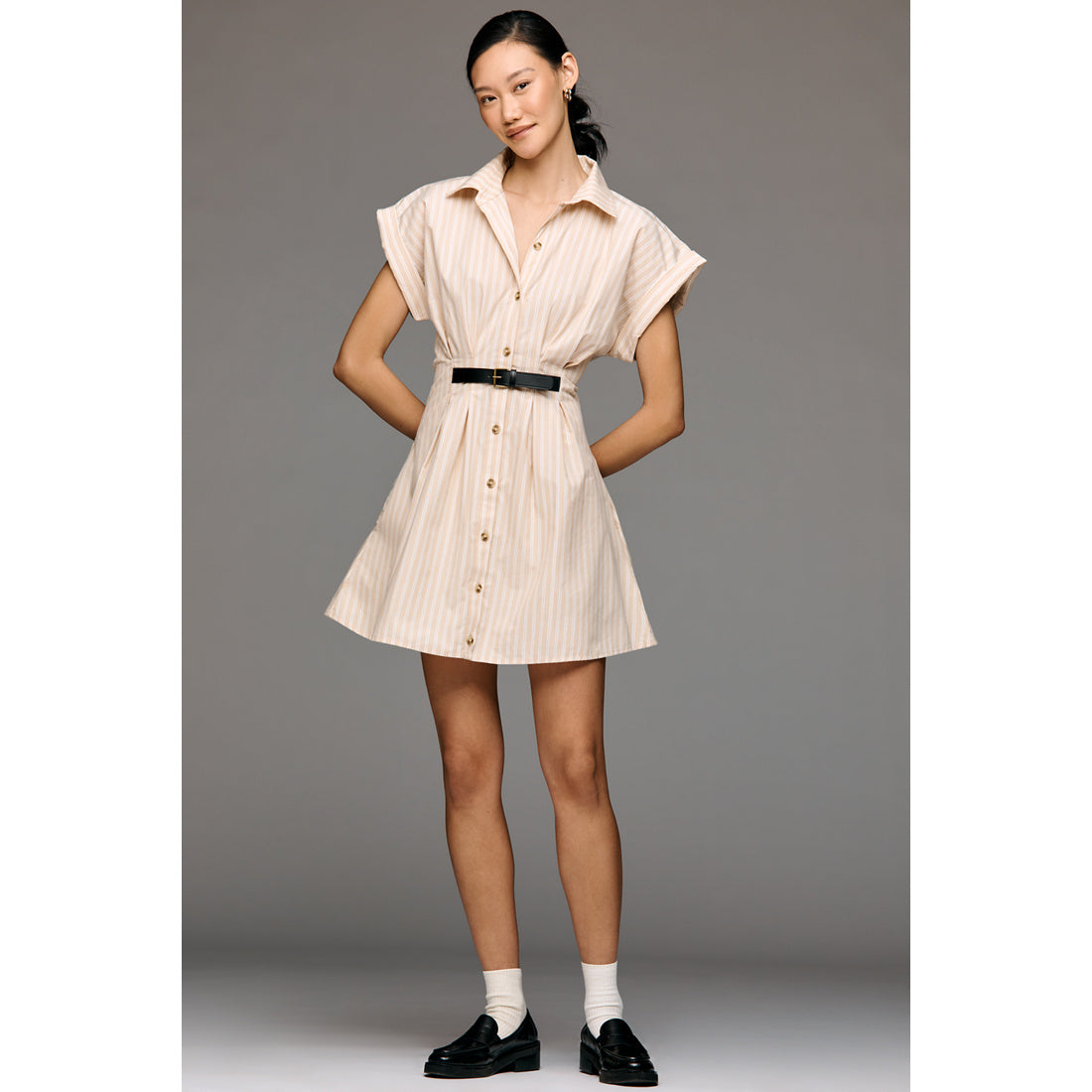 Faye Short-Sleeve Belted Shirt Dress by Anthropologie, Women's, Size: XS, Cotton