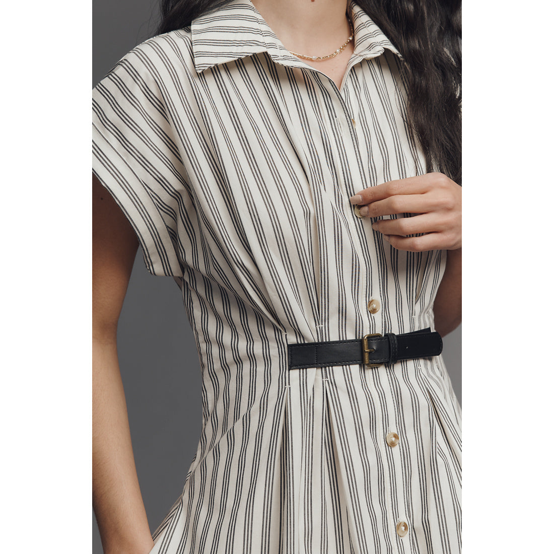 Faye Short-Sleeve Belted Shirt Dress by Anthropologie, Women's, Size: XS, Cotton