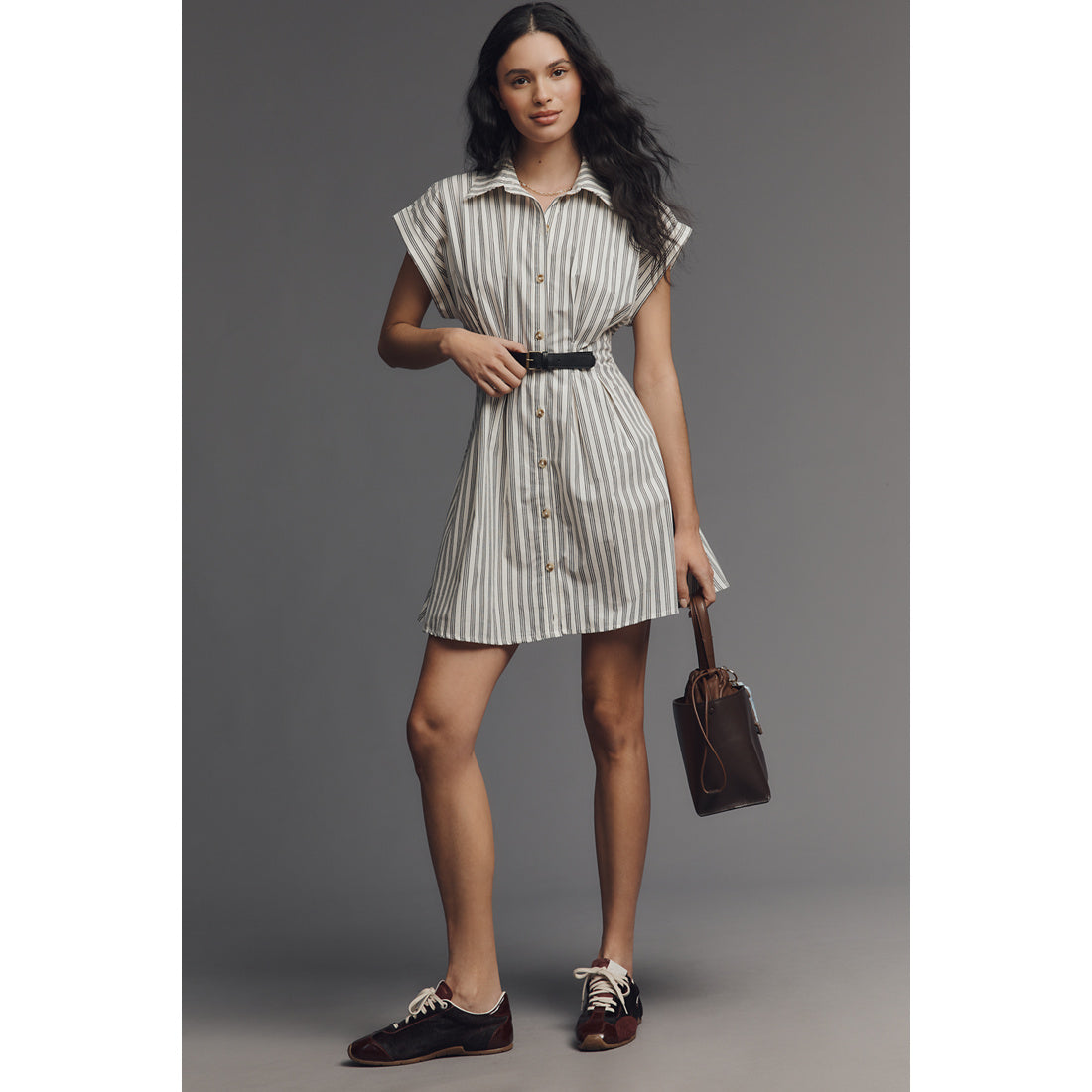 Faye Short-Sleeve Belted Shirt Dress by Anthropologie, Women's, Size: XS, Cotton