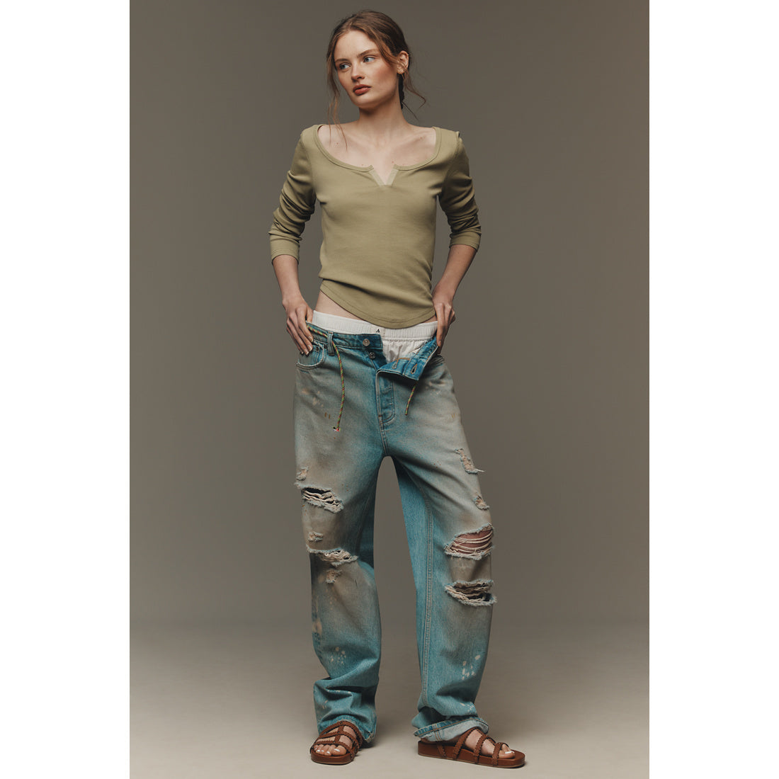 Notched Long-Sleeve T-Shirt by Pilcro