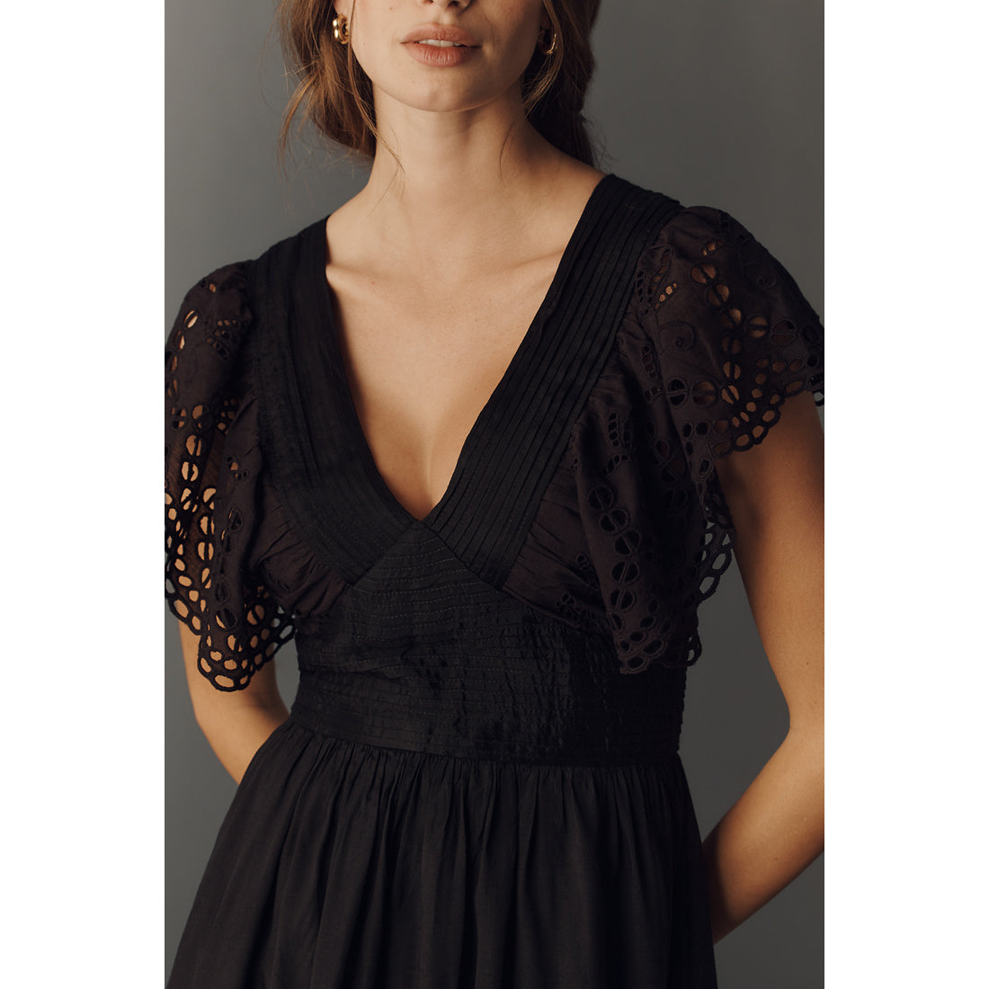 Eyelet Flutter-Sleeve V-Neck Mini Dress by Anthropologie