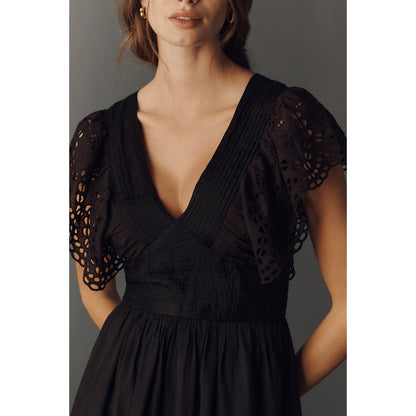 Eyelet Flutter-Sleeve V-Neck Mini Dress by Anthropologie