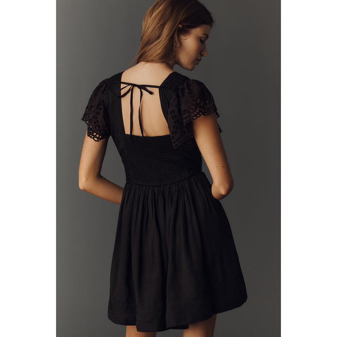 Eyelet Flutter-Sleeve V-Neck Mini Dress by Anthropologie