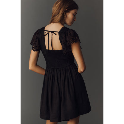 Eyelet Flutter-Sleeve V-Neck Mini Dress by Anthropologie