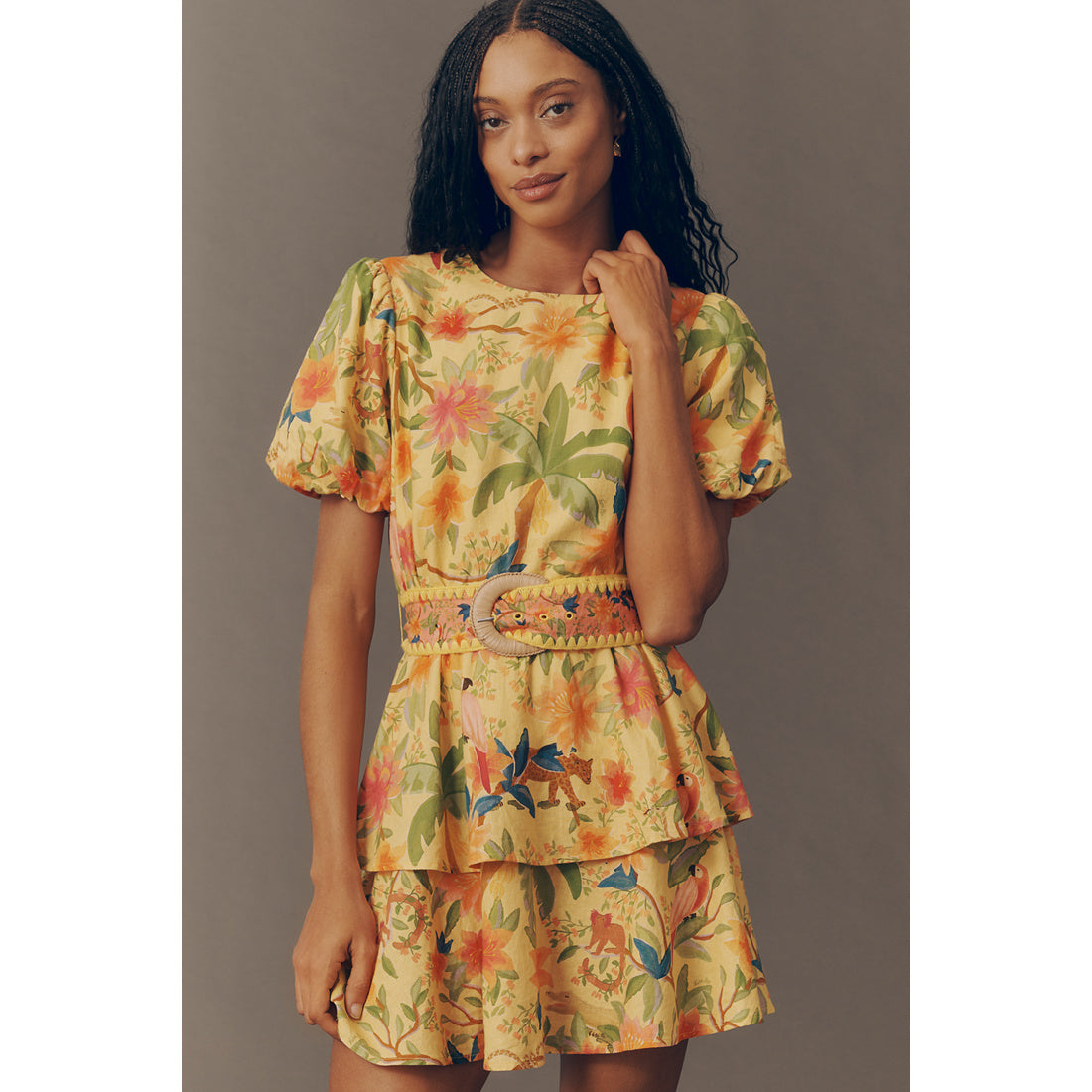 Farm Rio x Anthropologie Belted Tiered Mini Dress