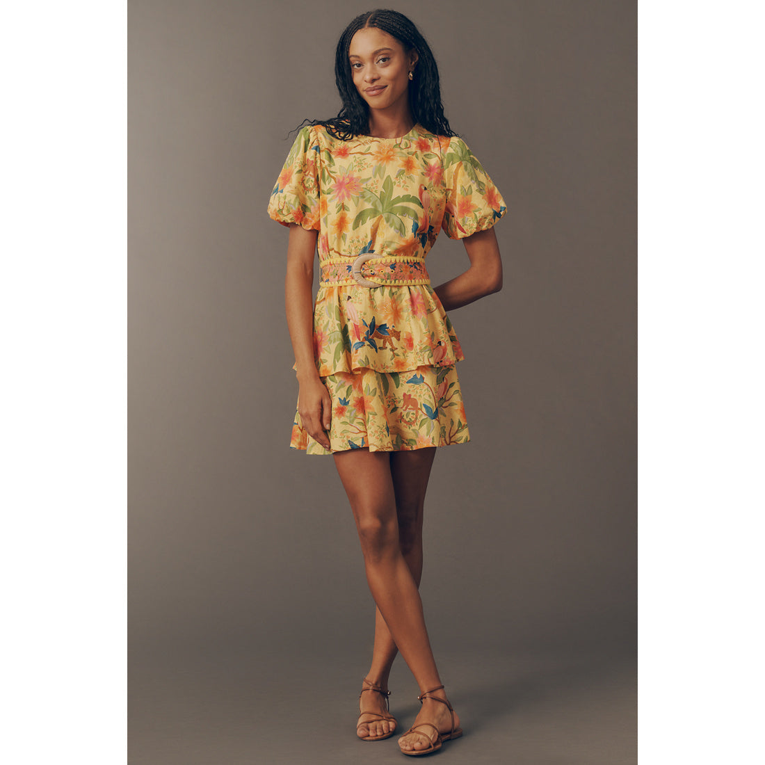 Farm Rio x Anthropologie Belted Tiered Mini Dress
