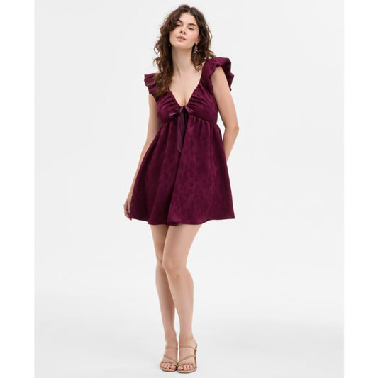 Row A Juniors' Jacquard Ruffled Babydoll Mini Dress