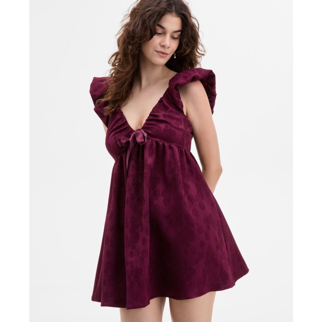 Row A Juniors' Jacquard Ruffled Babydoll Mini Dress