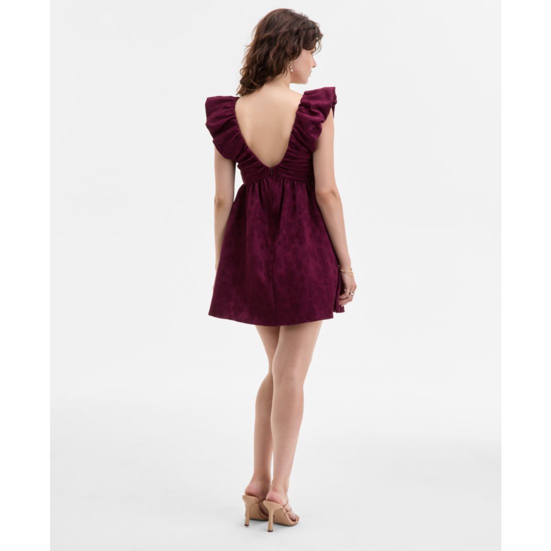 Row A Juniors' Jacquard Ruffled Babydoll Mini Dress