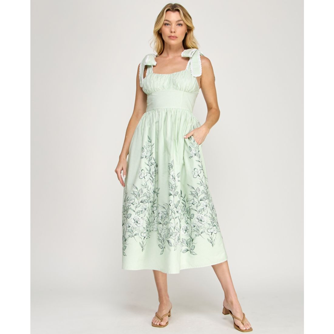 Row A Women's Tie Shoulder Fit & Flare Midi Dress