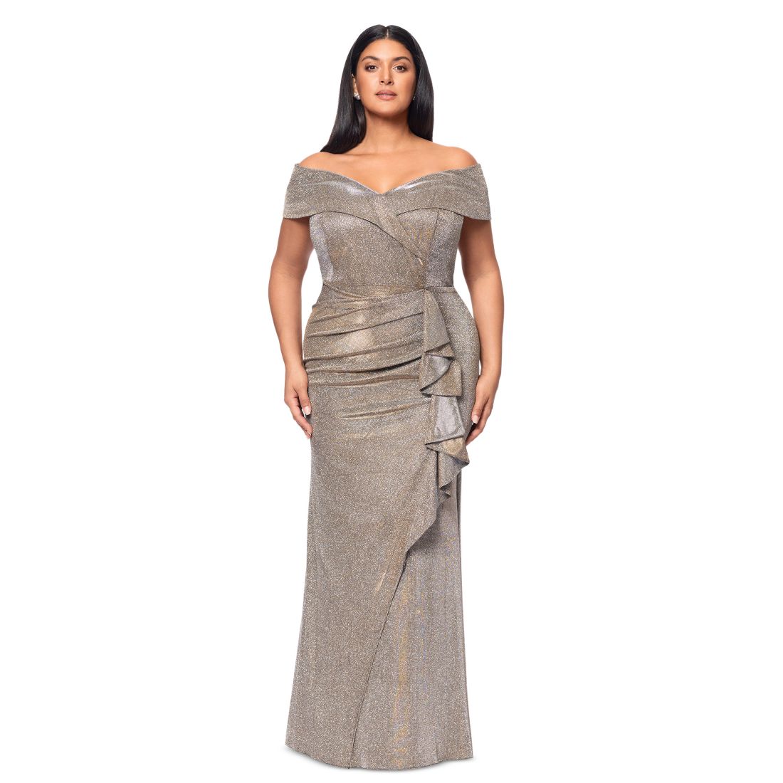 Xscape Plus Size Sweetheart-Neck Off-The-Shoulder Metallic Gown