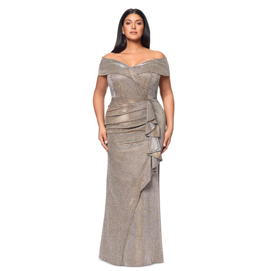Xscape Plus Size Sweetheart-Neck Off-The-Shoulder Metallic Gown