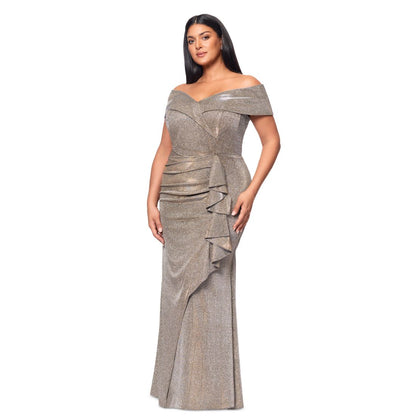 Xscape Plus Size Sweetheart-Neck Off-The-Shoulder Metallic Gown