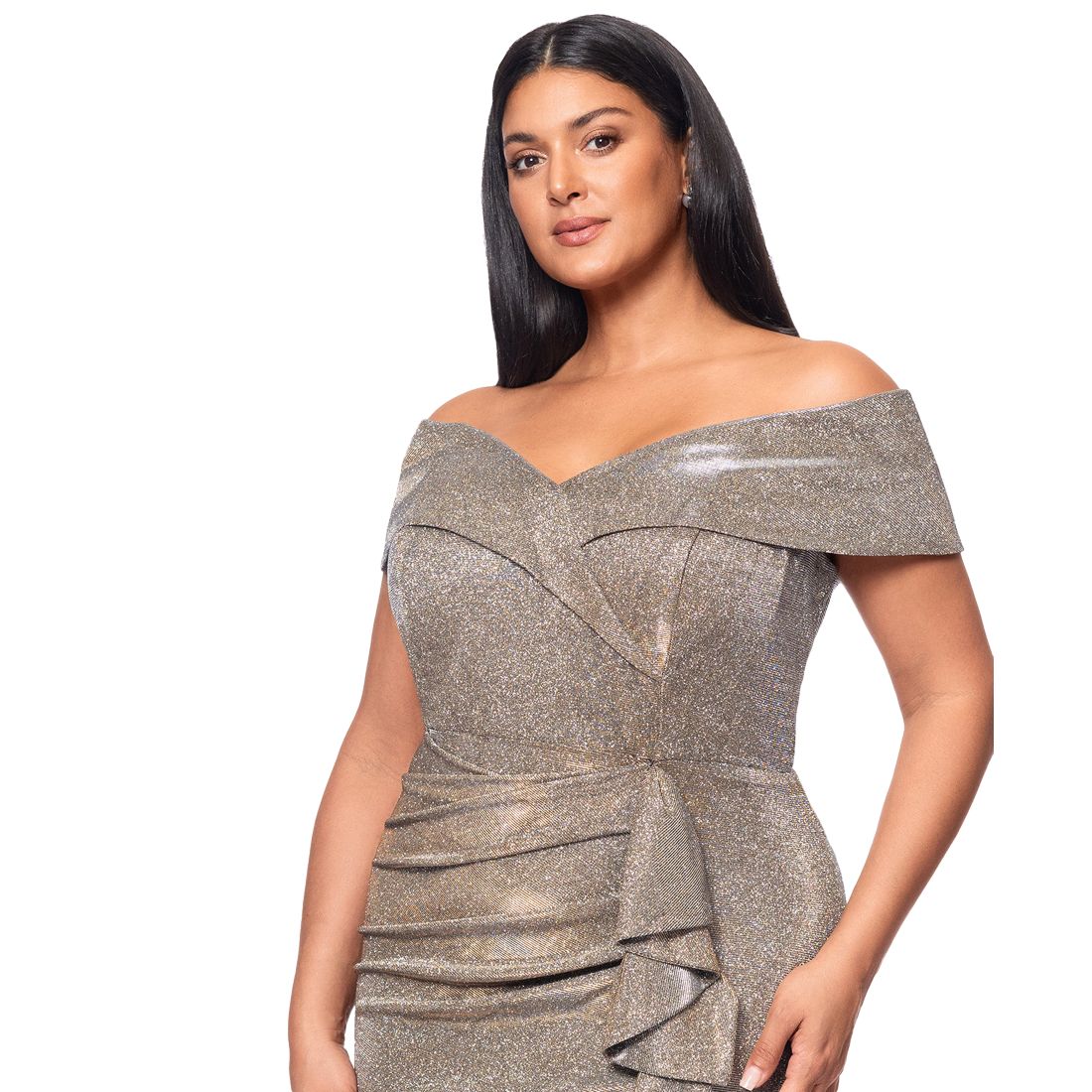Xscape Plus Size Sweetheart-Neck Off-The-Shoulder Metallic Gown