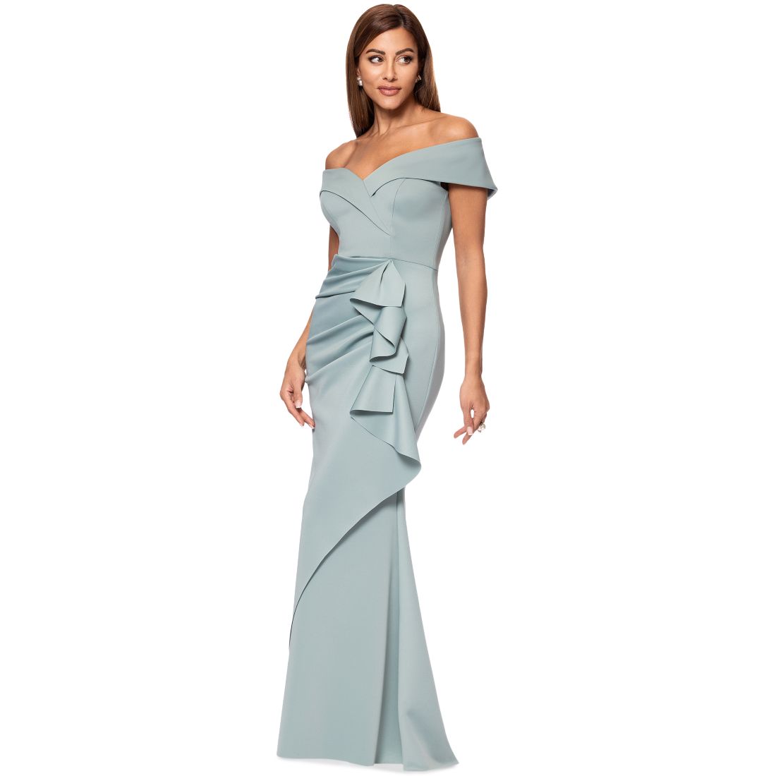 Xscape Scuba Off-The-Shoulder Gown