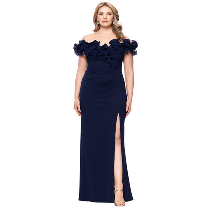 Xscape Plus Size Ruffled Side-Slit Evening Gown