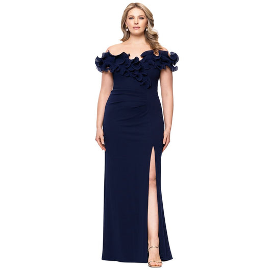 Xscape Plus Size Ruffled Side-Slit Evening Gown