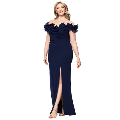 Xscape Plus Size Ruffled Side-Slit Evening Gown