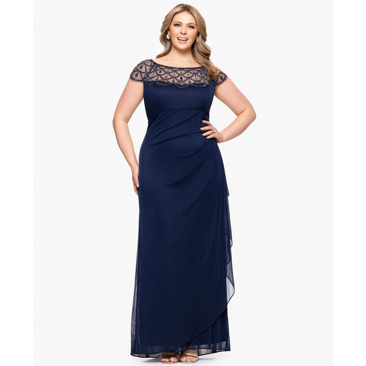 Xscape Plus Size Sheer Boat-Neckline Long Sheath Dress